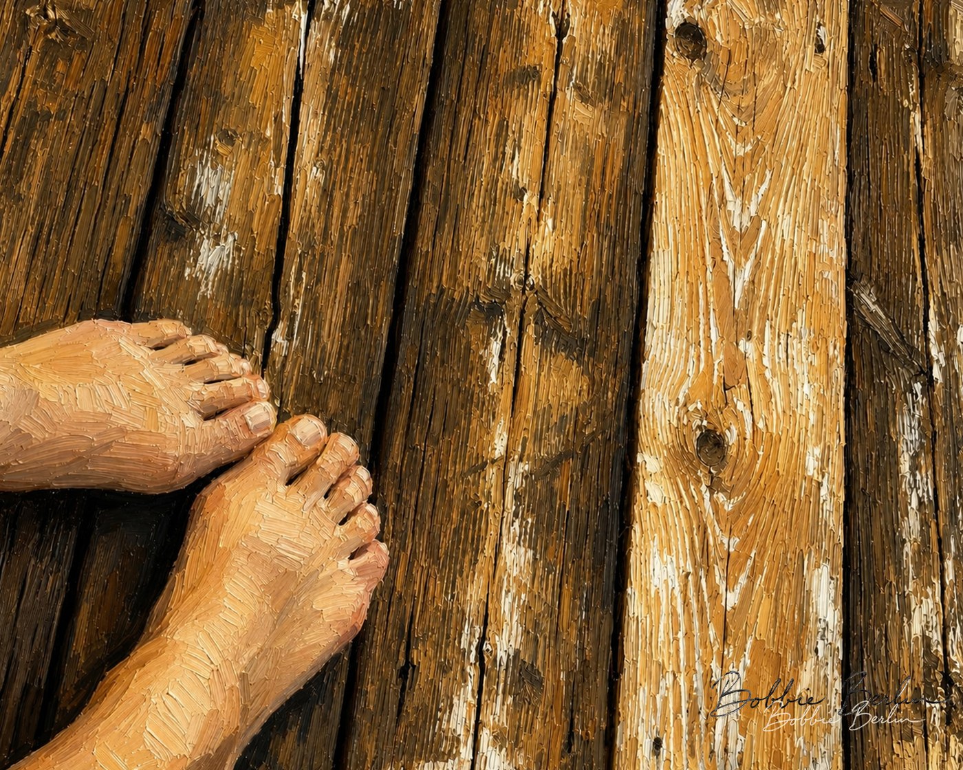 Bare feet on warm, weathered wooden garden boards