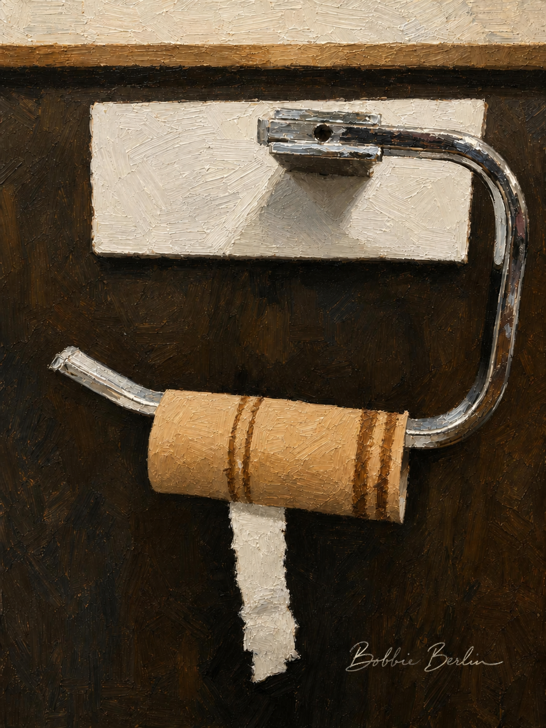 An almost-empty toilet paper roll on a chrome holder against a dark painted wall