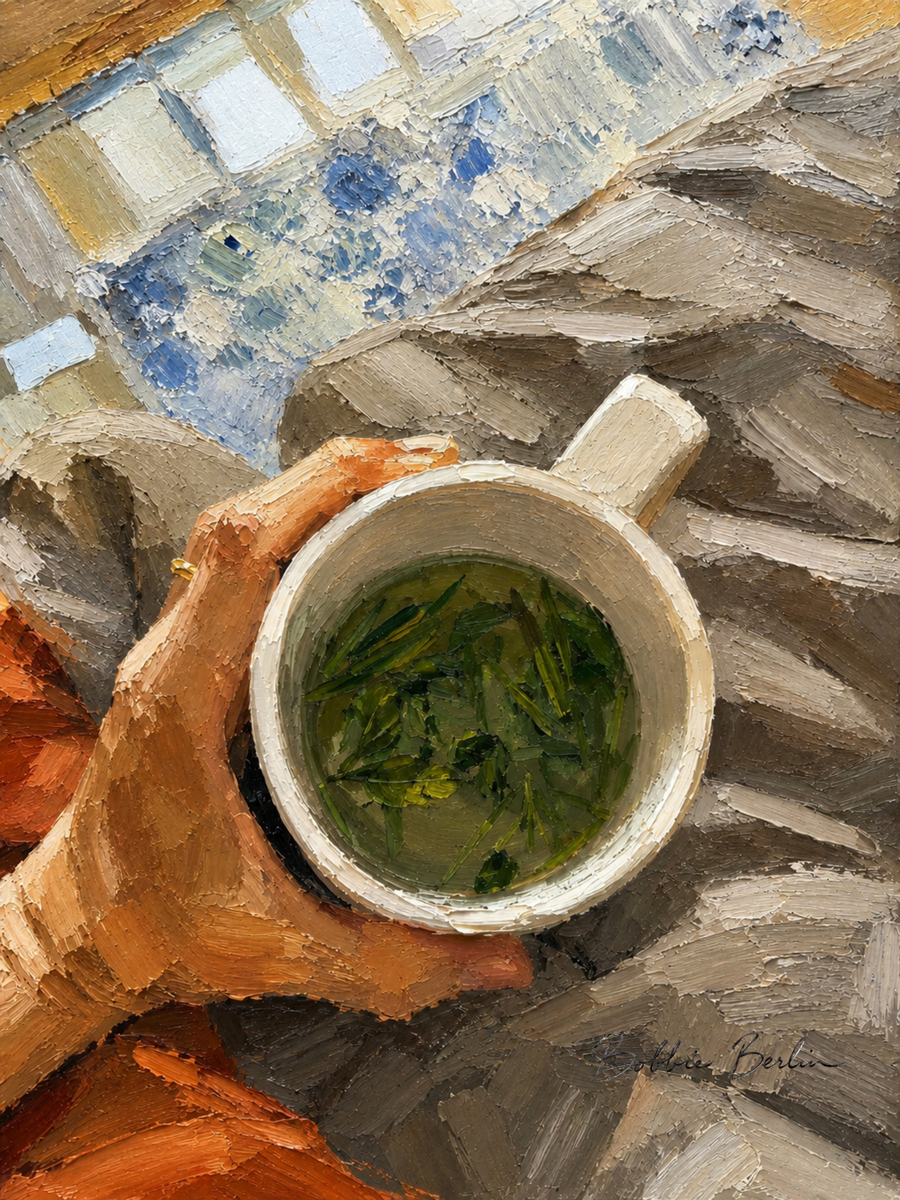 A hand holding a white mug of green herbal tea over rumpled bedding