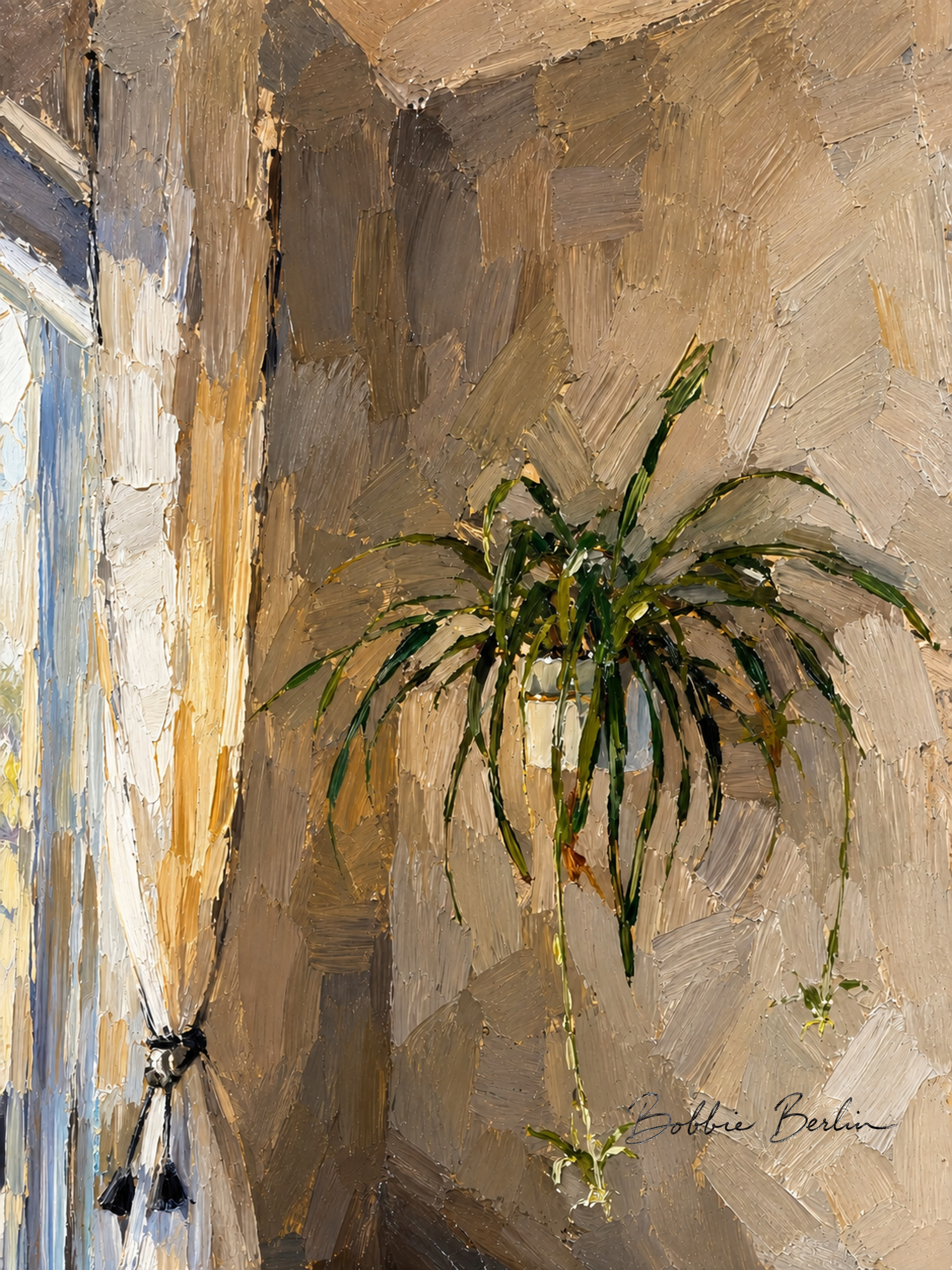A long-leafed houseplant hanging in a warm pale room beside a tied curtain