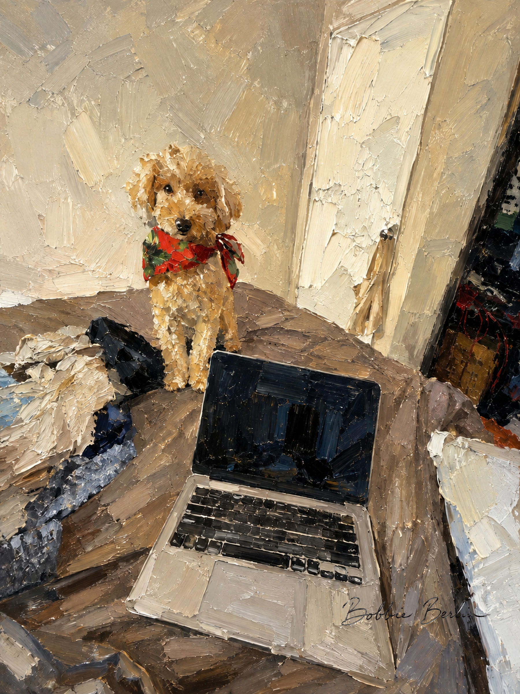 A small cream dog in a red patterned bandana behind an open laptop on an unmade bed