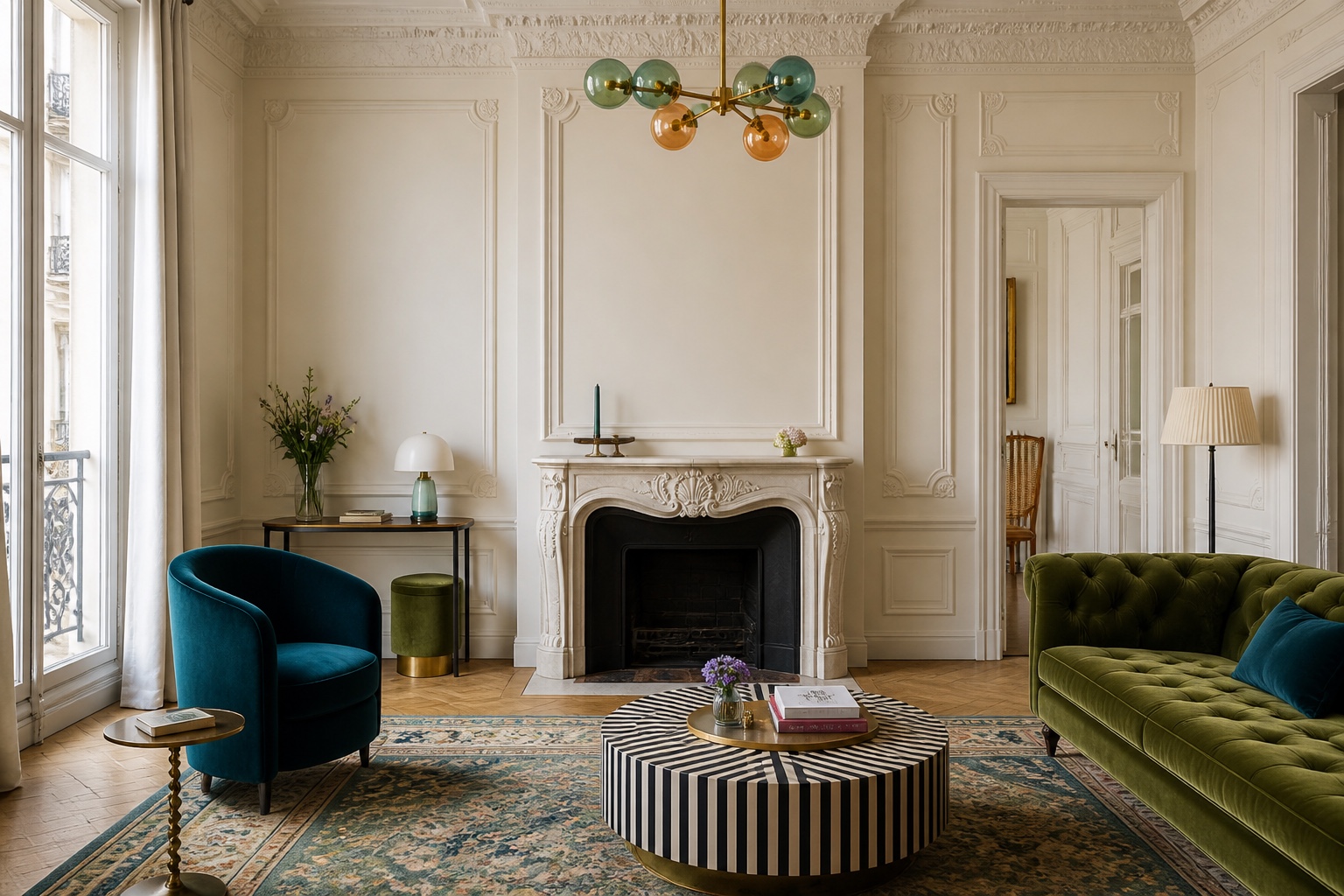 A whimsical Parisian salon with cream mouldings, an ornate fireplace, jewel-toned velvet seating and a striped ottoman